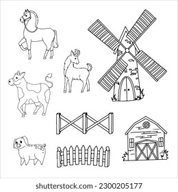 Donkey, Horse, Llama or Alpaca, Sheep, Cow, Goat and Pig. Farm animals and buildings. Mill. Barn. Cattle breeding Vector illustration isolated on white background.