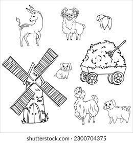 Donkey, Horse, Llama or Alpaca, Sheep, Cow, Goat and Pig. Farm animals and buildings. Mill. Barn. Cattle breeding Vector illustration isolated on white background.