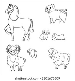 Donkey, Horse, Llama or Alpaca, Sheep, Cow, Goat and Pig. Set of animals. Farm animals. Cattle breeding Vector illustration isolated on white background.