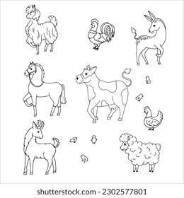 Donkey, Horse, Llama or Alpaca, Sheep, Cow, Goat and Pig. Set of animals. Farm animals. Cattle breeding Vector illustration isolated on white background.