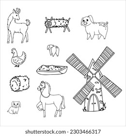 Donkey, Horse, Llama or Alpaca, Sheep, Cow, Goat and Pig. Farm animals and buildings. Mill. Barn. Cattle breeding Vector illustration isolated on white background.