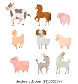 Donkey, Horse, Llama or Alpaca, Sheep, Cow, Goat and Pig. Set of animals. Farm animals. Cattle breeding Vector illustration isolated on white background.