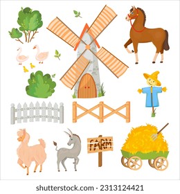 Donkey, Horse, Llama or Alpaca, Sheep, Cow, Goat and Pig. Farm animals and buildings. Mill. Barn. Cattle breeding Vector illustration isolated on white background.