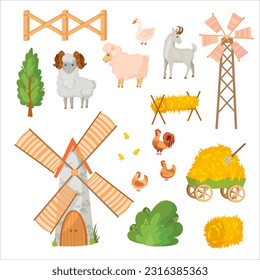 Donkey, Horse, Llama or Alpaca, Sheep, Cow, Goat and Pig. Farm animals and buildings. Mill. Barn. Cattle breeding Vector illustration isolated on white background.