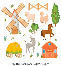 Donkey, Horse, Llama or Alpaca, Sheep, Cow, Goat and Pig. Farm animals and buildings. Mill. Barn. Cattle breeding Vector illustration isolated on white background.