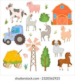 Donkey, Horse, Llama or Alpaca, Sheep, Cow, Goat and Pig. Tractor. Farm animals and buildings. Hay. Tractor. Barn. Cattle breeding Vector illustration isolated on white background.