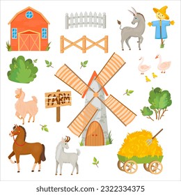 Donkey, Horse, Llama or Alpaca, Sheep, Cow, Goat and Pig. Farm animals and buildings. Mill. Barn. Cattle breeding Vector illustration isolated on white background.