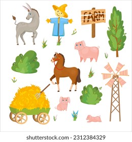 Donkey, Horse, Pig. Tractor. Farm animals and buildings. Hay. Tractor. Barn. Cattle breeding Vector illustration isolated on white background.