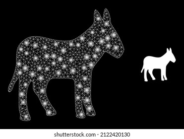 Donkey icon and glare net mesh donkey model with bright spots. Illuminated model is done from donkey vector icon and triangle mesh. Bright frame donkey, on a black background.