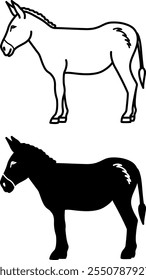 Iconos de burro. Ilustración vectorial en blanco y negro. Mamífero. Agricultura, agricultura. Para el diseño de libros para colorear. Concepto de animales domésticos