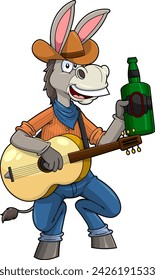 Personaje De Dibujos Animados De Donkey Jackass Cowboy Con Guitarra Y Botella De Whisky. Ilustración dibujada a mano del vector aislada en fondo transparente