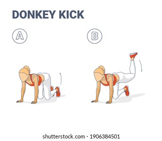 Donkey Kick Exercise illustration. Colorful Concept of Girl Kick Back and Up Workout - a Young Woman in Sportswear lush lava top, sneakers, and leggings do the fitness exercise for shaping her butt.