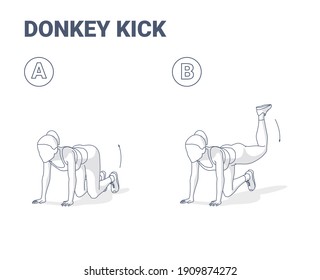 Donkey Kick Exercise illustration. Concept of Girl Kick Back and Up Workout a Young Woman in Sportswear top, sneakers, and leggings do the fitness exercise for shaping her butt.