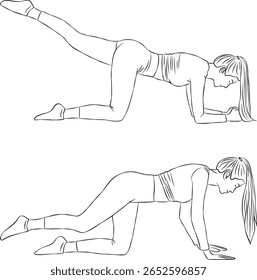 Donkey kick pilates pose, Woman outline illustration, yoga and fitness exercise.