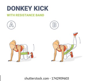 Donkey Kick With Resistance Band Girls Workout Exercise Colorful Concept.