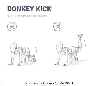 Donkey Kick Woman Home Workout Exercise Guidance Illustration. Outline Concept of Girl Kick Back and Up Workout a Woman in Sportswear Top, Sneakers, and Leggings Does the Exercise for Shaping Her Butt