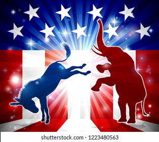 A donkey kicking an elephant in silhouette with an American flag in the background democrat and republican political mascot animals