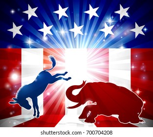 A donkey kicking an elephant in silhouette with an American flag in the background democrat and republican political mascot animals