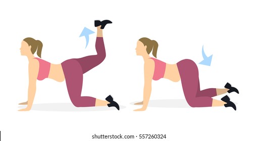 Donkey kicks exercise for legs on white background. Healthy lifestyle. Workout for legs. Exercises for fat women.
