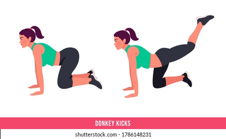 donkey kicks exercise. Woman workout fitness, aerobic and exercises. Vector Illustration.