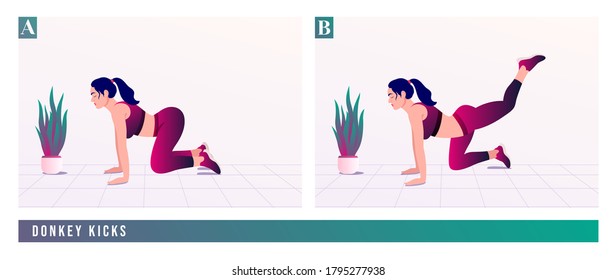 Donkey Kicks exercise, Woman workout fitness, aerobic and exercises. Vector Illustration.