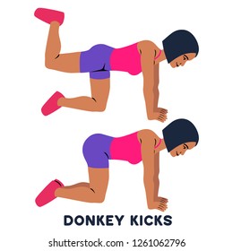 Donkey kicks. Sport exersice. Silhouettes of woman doing exercise. Workout, training Vector illustration