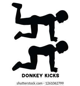 Donkey kicks. Sport exersice. Silhouettes of woman doing exercise. Workout, training Vector illustration