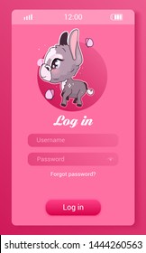 Donkey kids mobile app screen with cartoon kawaii character. Log in, create account smartphone girlish game, social media application mockup. User profile registration pink pages with animal