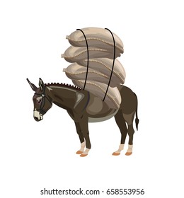 Donkey laden with sacks. Vector illustration