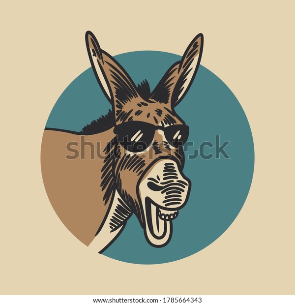 the donkey laughing and\
wearing glasses in the background of a blue circle vintage\
illustration