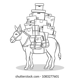 Donkey loaded with box parcels coloring vector illustration. Comic book style imitation.