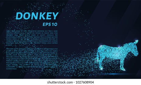 The donkey is made up of particles. The donkey consists of dots and circles. Blue donkey on a dark background.