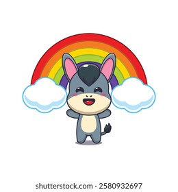 donkey mascot cartoon character vector illustration with rainbow.
design element for poster, brochure, web, mascot, sticker, logo and icon.