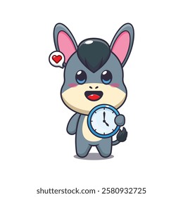 donkey mascot cartoon character vector illustration with clock. 
design element for poster, brochure, web, mascot, sticker, logo and icon.