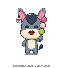 donkey mascot cartoon character vector illustration eating dango. 
design element for poster, brochure, web, mascot, sticker, logo and icon.