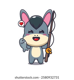 donkey mascot cartoon character vector illustration catching fish with fishing rod.
design element for poster, brochure, web, mascot, sticker, logo and icon.