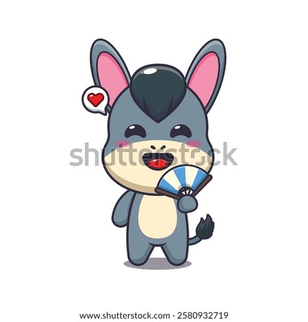 donkey mascot cartoon character vector illustration with hand fan.
design element for poster, brochure, web, mascot, sticker, logo and icon.