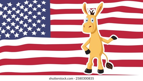 
Donkey Mascot in a US Flag Design Cartoon Illustration. Cute adorable mule design on patriotic flag of the USA
