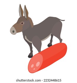 Donkey meat icon isometric vector. Donkey near cross section of sausage stick. Food theme