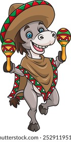 Burro en sombrero mexicano y poncho con maracas de ilustración