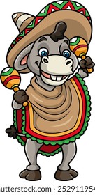 Burro en sombrero mexicano y poncho con maracas de ilustración