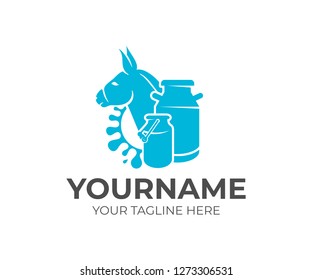 Donkey, milk cans and splash milk, logo design. Dairy farm, milk farm, cattle breeding and stock raising, vector design and illustration