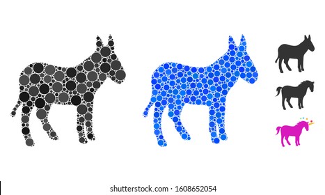 Donkey mosaic of filled circles in different sizes and color tones, based on donkey icon. Vector small circles are grouped into blue mosaic. Dotted donkey icon in usual and blue versions.