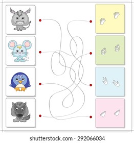Donkey, Maus, Pinguin und Wolf mit ihren Spuren. Spiel für Kinder: durch das Labyrinth gehen und die richtige Antwort finden