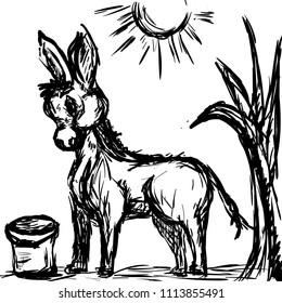 Donkey on black lines on a white background with a bucket under the sun. A donkey. Black silhouette of a cute cartoon donkey. Vector illustration.
