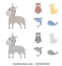 Donkey, owl, kangaroo, shark.Animal set collection icons in cartoon,monochrome style vector symbol stock illustration web.