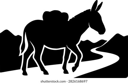 Donkey with pack on its back walking on a mountain road