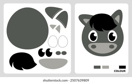 Donkey pattern for felt, applique, patchwork and paper crafts. Donkey puzzle vector illustration. cut and paste patterns for kids crafts.