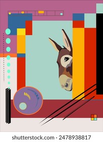 A  donkey peers out from a colorful, abstract composition featuring bold shapes and lines. Various geometric forms and patterns create a sense of depth 