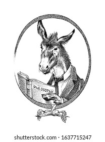 Donkey philosopher character or goat thinker. Hand drawn Animal person portrait. Engraved monochrome sketch for card, label or tattoo. Hipster Anthropomorphism.